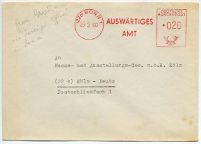 1960, 23.Feb., Bf. (22c) BONN 1 - AUSWÄRTIGES AMT(Abs.-Freistpl.) nach Köln. Porto: DM 0...