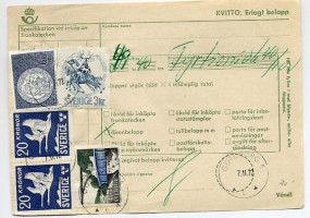 1972, 7.Nov., Quittung für Nachporto m. MiF. GÖTEBORG 5 L(Handstpl.). Porto: Kr. 49.40.