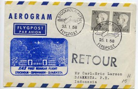 1958, 23.Jan., Erstflug-Aerogramm m. MeF. STOCKHOLM PFFS FLGYPOST(So.-Stpl.) nach DJAKA...
