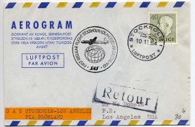 1954, 10.Nov., Erstflug-Aerogramm m. EF. STOCKHOLM 1 LUFTPOST(Handstpl.) nach LOS ANGEL...