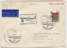 1978, 2.Sep., Lp.-Drucks.-Bf.m. EF. 7005 LEIPZIG BPA - INTERFLUG AIR FRANCE LEIPZIG PARIS...