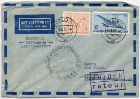 1957, 16.Jun., Erstflug-Lp.-Bf.m. MiF. BERLIN N4 ae(Handstpl.) nach Erfurt. Sonntags ges...