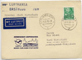 1958, 3.Mai , Erstflug-Lp.-Drucks.-Bf.m. EF. DRESDEN A24 af(Handstpl.) nach KARL-MARX-S...