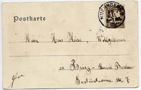 1909, 20.Mai , Ans.-Kte. m. EF. NUERNBERG 2(Handstpl.) nach Brieg. Porto: M 0.03.