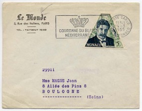 1955, 14.Mrz., Drucks.-Bf.m. EF. MONTE CARLO PTE DE MONACO - COURONNE DU BLASON MÉDITERRA...