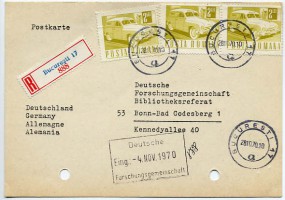 1970, 28.Okt., R-Kte. m. MeF. BUCURESTI 17 a(Handstpl.) nach Westdeutschland. Postlaufze...