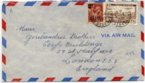 1949, 5.Apr., Lp.-Bf.m. MiF. ALGER R. DE STRASBOURG(Handstpl.) nach Großbritannien. Port...
