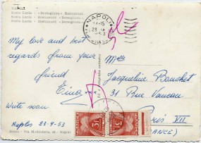 1953, 23.Sep., Ans.-Kte. m. unfrank. NAPOLI FERROVIA..(ital. Masch.-Stpl.) nach PARIS V...
