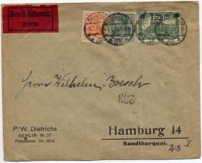 1921, 21.Jan., Eil-Bf.m. MiF. BERLIN W35 *h(Handstpl.) nach HAMBURG 8 *k. Porto: M 1.4...