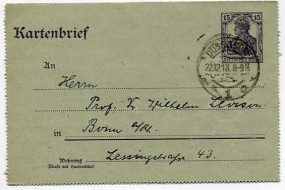 1918, 22.Dez., 15Pfg.-GA-Kartenbf. DÜSSELDORF 1 *o(Handstpl.) nach Bonn. Sonntags gestem...