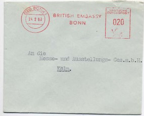 1960, 24.Feb., Bf.m. Abs.-Freistpl. (22c) BONN 1 - BRITISH EMBASSY BONN nach Köln. Porto...