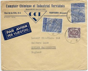 1948, 11.Aug., Lp.-Bf.m. MiF. VERVIERS B 2 B(Handstpl.) nach Großbritannien. Porto: F 7....