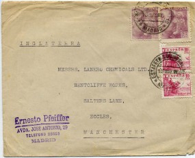 1950, 18.Mai , Bf.m. MiF. ESTAFETA SUCURSAL Nº10 MADRID(Handstpl.) nach Großbritannien. ...