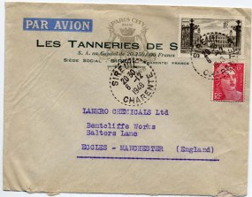 1948, 6.Dez., Lp.-Bf.m. MiF. SIREUIL CHARENTE(Handstpl.) nach Großbritannien. Porto: 31 ...
