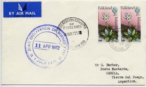 1972, 10.Apr., Lp.-Bf.m. MeF. FOX BAY FALKLAND ISLANDS(Handstpl.) nach Argentinien. Post...