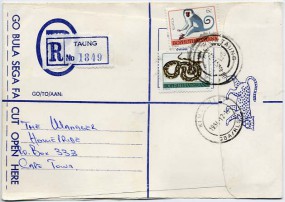 1984, 4.Dez., R-Bf.m. MiF. TAUNG(Handstpl.) über KIMBERLEY GBA/RLS nach Cape Town(Süda...