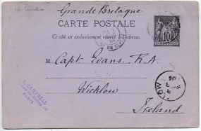 1884, 5.Sep., 10c.-GA-Kte. PARIS BD. DE CLICHY(Handstpl.) nach WICKLOW(Großbritannien)...