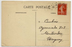 1910, 18.Okt., Ans.-Kte. m. EF. PARIS.(undeutl.Handstpl.) nach Uruguay. Porto: F 0.10.