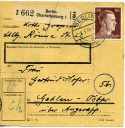 1944, 9.Sep., Paketkte. m. EF. BERLIN-CHARLOTTENBURG 1 x(Handstpl.) nach Gahlen. Porto: ...