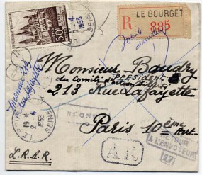 1953, 2.Apr., R-Rückschein Bf.m. EF. LE BOURGET SEINE(Handstpl.) nach PARIS X DISTRIBUT...
