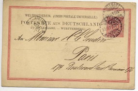 1882, 15.Jun., 10Pfg.-GA-Kte. STUTTGART BAHNHOF(Handstpl.) nach PARIS 6 (DISTRIBUTION)...