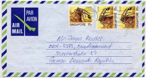 1986, 15.Okt., Aerogramm m. MeF. SINGAPORE(Masch.-Stpl.) nach Ostdeutschland. Porto: $0....