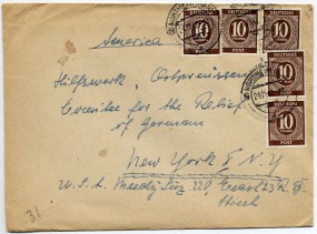 1947, 24.Dez., Bf.m. MeF. (20) NORTHEIM (HAN) a(Handstpl.) in die U.S.A. Porto: RM 0.50....