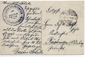 1916, 29.Aug., Feldpost-Ans.-Kte. FELDPOST MIL. MISS. KONSTANTINOPEL(Handstpl.) nach Rüs...