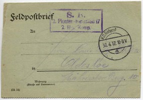 1917, 30.Apr., Feldpost-Kartenbf. K.D. FELDPOST a(Handstpl.) nach Oldesloe. Porto: -. M....