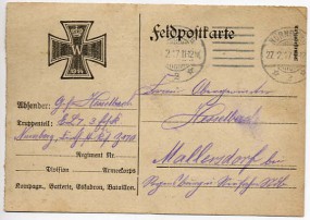 1917, 27.Feb., Feldpost-Kte. NÜRNBERG 2 **(Masch.-Stpl.) nach Mallersdorf. Porto: -.