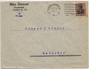 1920, 29.Mai , Bf.m. EF. OSNABRÜCK 1 *t(Masch.-Stpl.) nach Hannover. Porto: M 0.40.