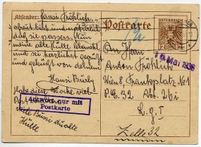 1936, 13.Mai , 12g.-GA-Kte. .. WIEN 66 *4c*(Masch.-Stpl.) nach Wien. Porto: S 0.12. An G...