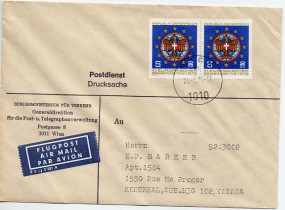 1975, 21.Apr., Lp.-Bf.m. MeF. 1010 WIEN bc(Handstpl.) nach Kanada. Porto: S 4.00.