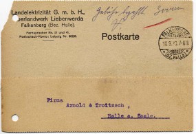 1923, 10.Sep., Kte. m. Gebühr-bezahlt-Vermerk. FALKENBERG (BZ.HALLE)(Handstpl.) nach Hal...