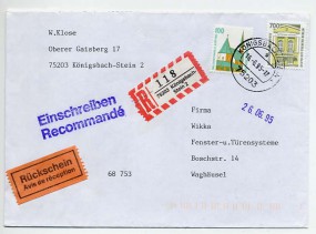 1995, 16.Jun., R-Rückschein-Bf.m. MiF. 75203 KÖNIGSBACH-STEIN 2 a(Handstpl.) nach Waghäu...