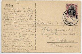 1920, 5.Jul., Ans.-Kte. m. EF. NÜRNBERG 2 B.A(bayer.Handstpl.) nach Schweden. Porto: M 0...