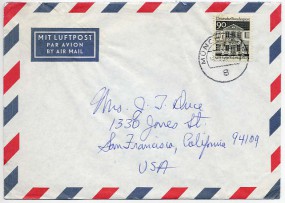 1969, 13.Mrz., Lp.-Bf.m. EF. 8 MÜNCHEN BPA d.(Handstpl.) in die U.S.A. Porto: DM 0.90.