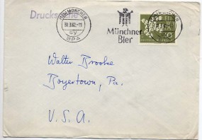 1962, 30.Mrz., Drucks.-Bf.m. EF. (13b) MÜNCHEN BPA ey - MÜNCHNER BIER(Masch.-Werbestpl.)...