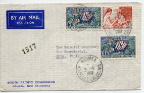 1961, 3.Mai , Lp.-Bf.m. MiF. NOUMÉA(Handstpl.) nach Fiji. Porto: 11 F.