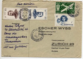 1951, 21.Aug., Lp.-Bf.m. MiF. TANANARIVE R.P.(Handstpl.) in die Schweiz. Porto: 89 F.