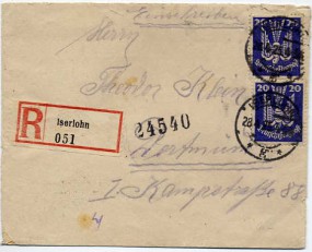 1925, 28.Apr., R-Bf.m. MeF. ISERLOHN *g*(Handstpl.) nach DORTMUND 1 *c. Postlaufzeit: ...