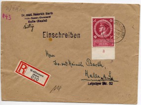 1944, 8.Mai , R-Bf.m. EF. WALLHAUSEN (HELME) b(Handstpl.) nach HALLE (SAALE) 2 j. Post...