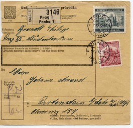 1942, 11.Jun., Paketkte. m. MiF. PRAG 1 PRAHA 1 7p(Handstpl.) nach Deutschland. Porto: K...