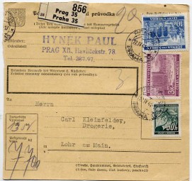 1941, 21.Apr., Paketkte. m. MiF. PRAG 45 PRAHA 45 i(Handstpl.) nach LOHR (MAIN).. Post...