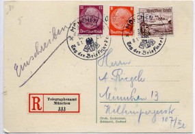 1938, 9.Jan., R-Kte. m. MiF. MÜNCHEN HAUPTSTADT DER BEWEGUNG - REICHSBUND DER PHILATELIST...