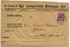 1903, 15.Okt., ZU-Bf.m. EF. METTMANN **a(Handstpl.) nach HAAN ***. Postlaufzeit: 1 Tag...