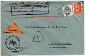 1933, 12.Aug., NN-Bf.m. MiF. HANNOVER 10 *a(Handstpl.) nach Hildesheim. Porto: RM 0.32. ...