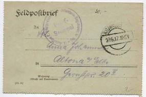 1917, 27.Jun., Kartenbf. K.D.FELDPOST(Feldpost-Handstpl.) nach Altona. Porto: -. M. viol...
