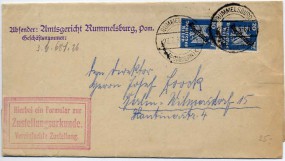 1926, 23.Jul., ZU-Bf.m. MeF. RUMMELSBURG (POMMERN) *c(Handstpl.) nach Berlin. Porto: RM ...