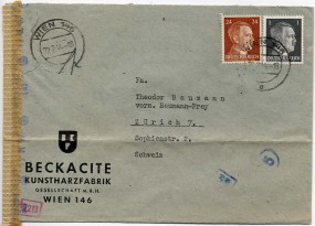 1944, 22.Feb., Bf.m. MiF. WIEN 146 e(Handstpl.) in die Schweiz. Porto: RM 0.25. M. dt. Z...